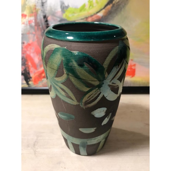 Raku Pottery Vase/Green Geometric Designs on Dark Gray background - Picture 3 of 9